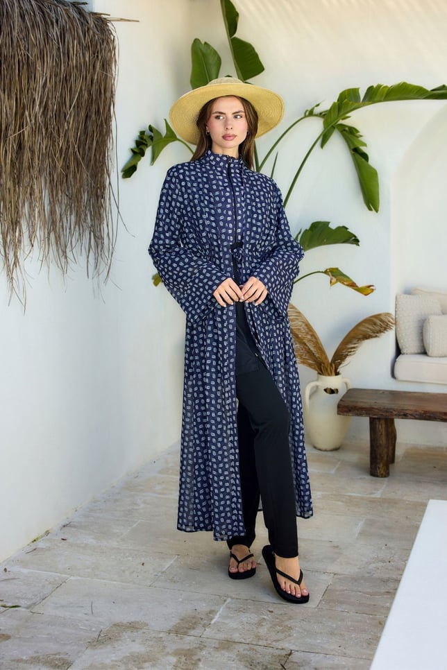Lacivert-Mavi Monogram Desenli Pareo Kimono