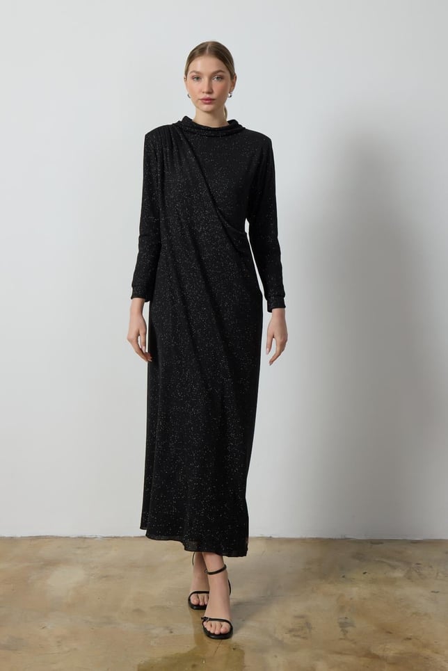 Siyah Simli Drape Elbise