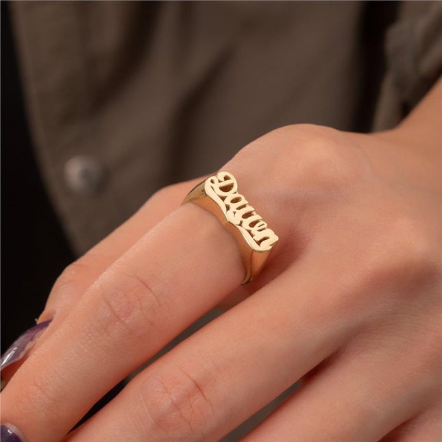 Old English Name Custom Gothic 3D Band Solid Gold Ring