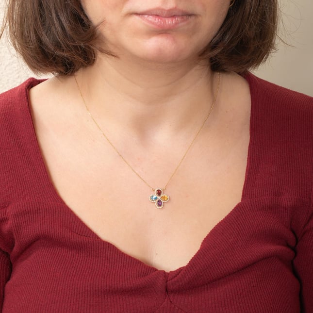 0.30 Karat Pırlanta Damla Ametist, Topaz, Garnet, Sitrin Clover Aura Lüks Halo Altın Kolye
