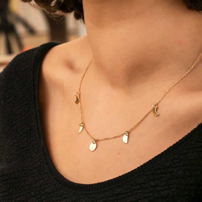 Dangle Moon Disc Personalized Solid Gold Necklace