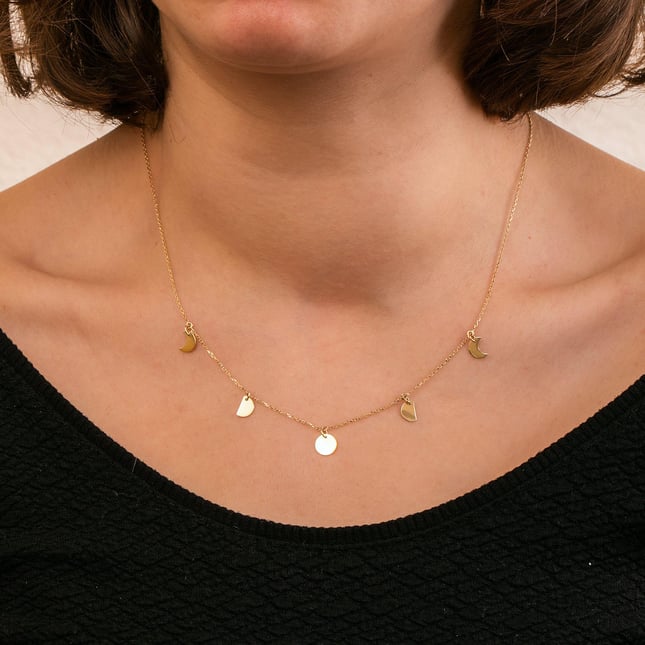 Dangle Moon Disc Personalized Solid Gold Necklace