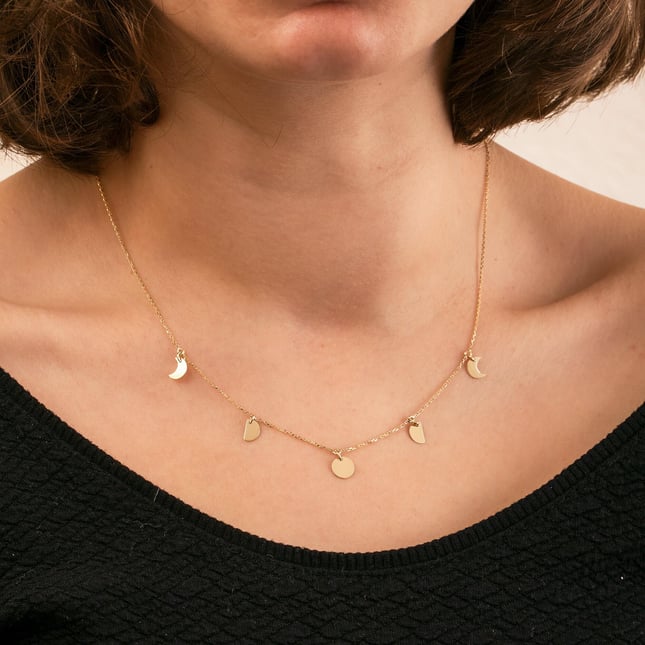 Dangle Moon Disc Personalized Solid Gold Necklace