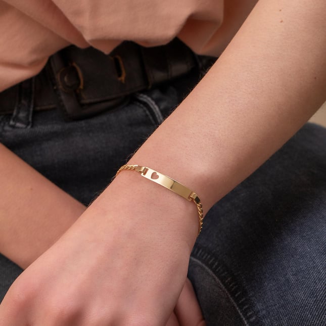 Heart Star Cross Engraved Curb Chain Solid Gold Bracelet