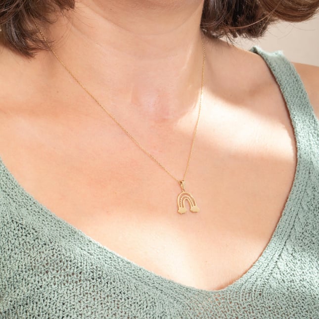 Dainty Rainbow and Cloud Solid Gold Pendant Necklace