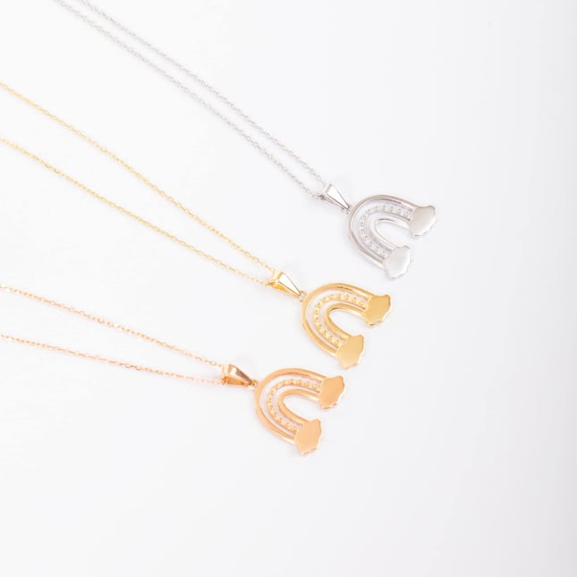 Dainty Rainbow and Cloud Solid Gold Pendant Necklace