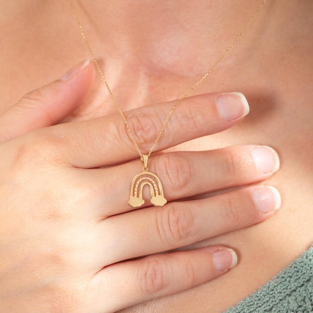 Dainty Rainbow and Cloud Solid Gold Pendant Necklace