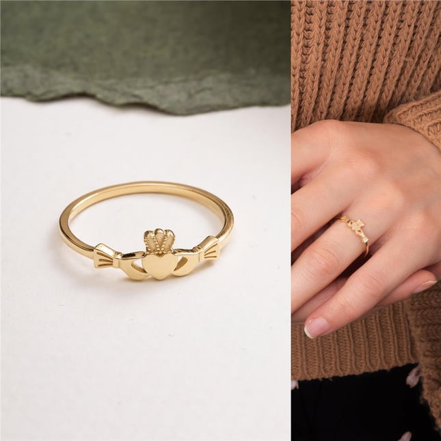 Claddagh Ring Minimalist Petite Irish Heart Promise Solid Gold Ring