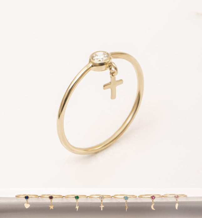Dangle Charm Solid Gold Birthstone Ring
