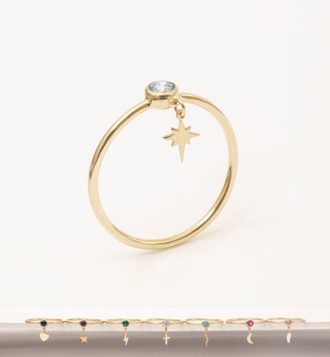 Dangle Charm Solid Gold Birthstone Ring