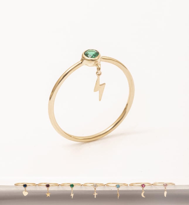 Dangle Charm Solid Gold Birthstone Ring