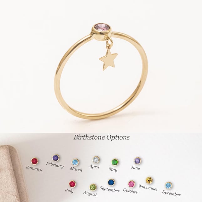 Dangle Charm Solid Gold Birthstone Ring
