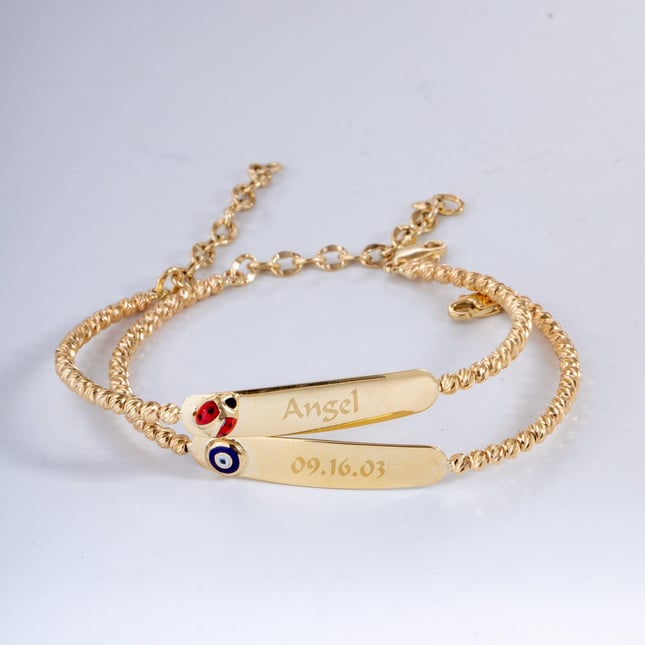 Evil Eye Ladybug Engraved Solid Gold Bracelet