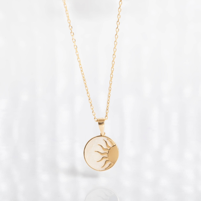 Celestial Sun & Crescent Moon Engraved Solid Gold Necklace