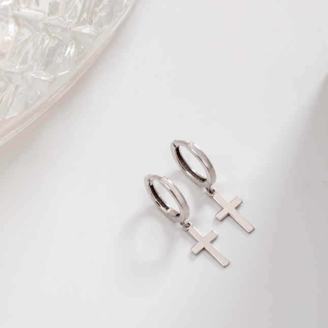 Cross Hoop Huggie Solid Gold Earring