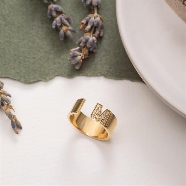 CZ Initial Letter Solitaire Solid Gold Ring