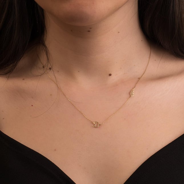 Angel Wing Initial Letter Solid Gold Necklace