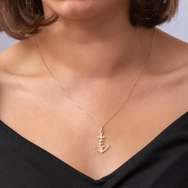 Anchor Initial Letter Solid Gold Necklace