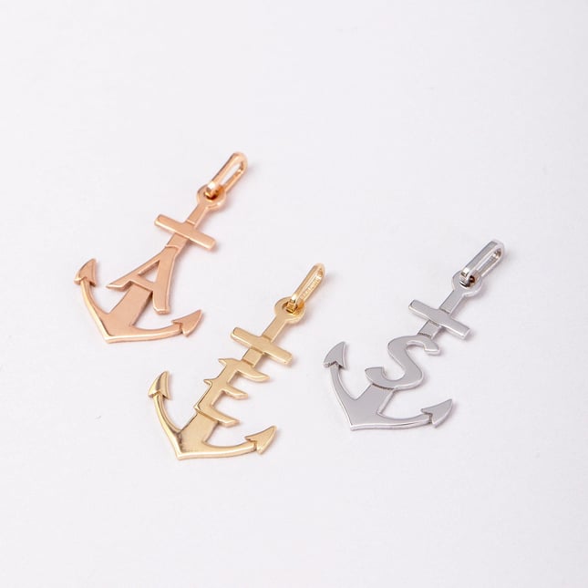 Anchor Initial Letter Solid Gold Necklace