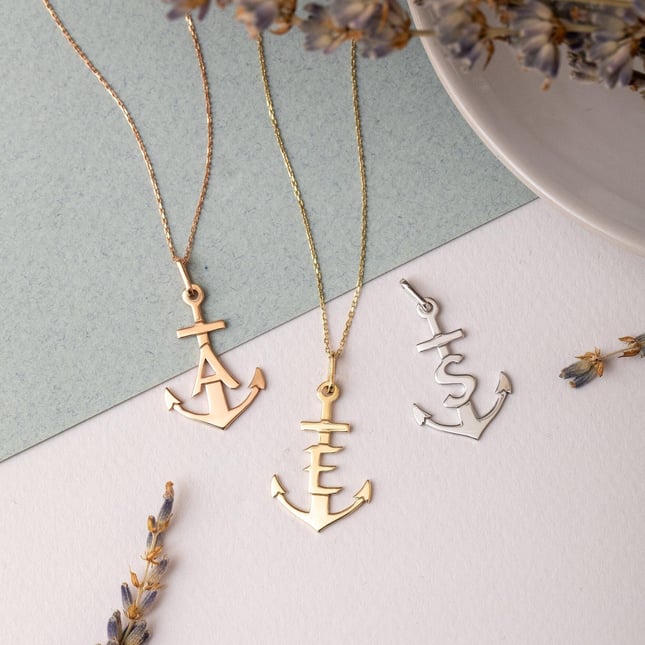 Anchor Initial Letter Solid Gold Necklace