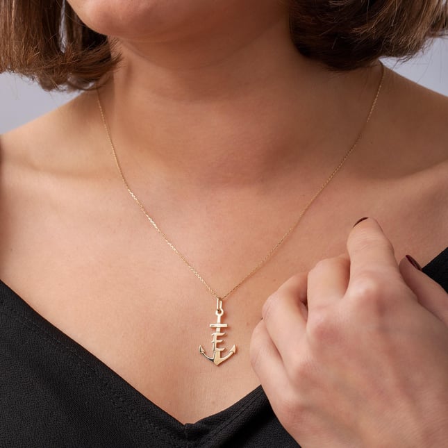 Anchor Initial Letter Solid Gold Necklace
