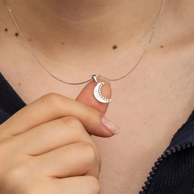 Crescent Moon Star Engraved Solid Gold Necklace