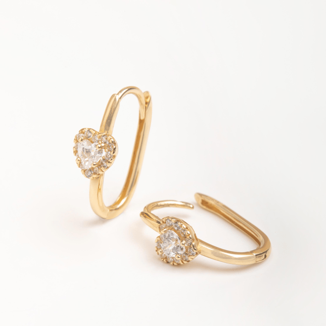 Pear CZ Heart Halo Hoop Huggie Solid Gold Earring