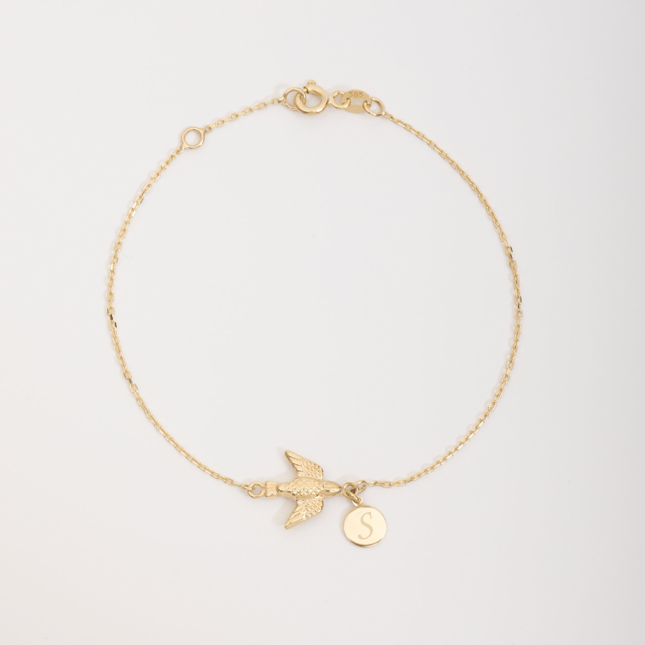 Dove Feather Initial Letter Solid Gold Bracelet