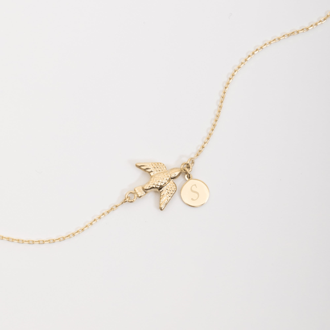Dove Feather Initial Letter Solid Gold Bracelet
