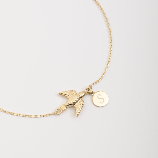 Dove Feather Initial Letter Solid Gold Bracelet