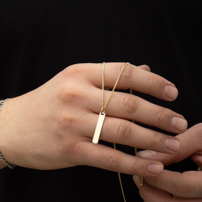 Initial Curb Chain Personalized Vertical Bar Solid Gold Necklace