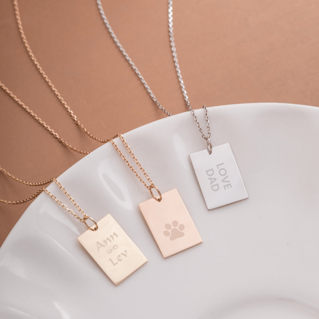 Personalized Custom Engraved Rectangular Plate Solid Gold Necklace