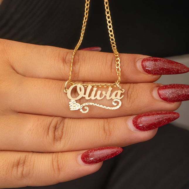 Personalized Diamond Cut Heart Nameplate Solid Gold Pendant
