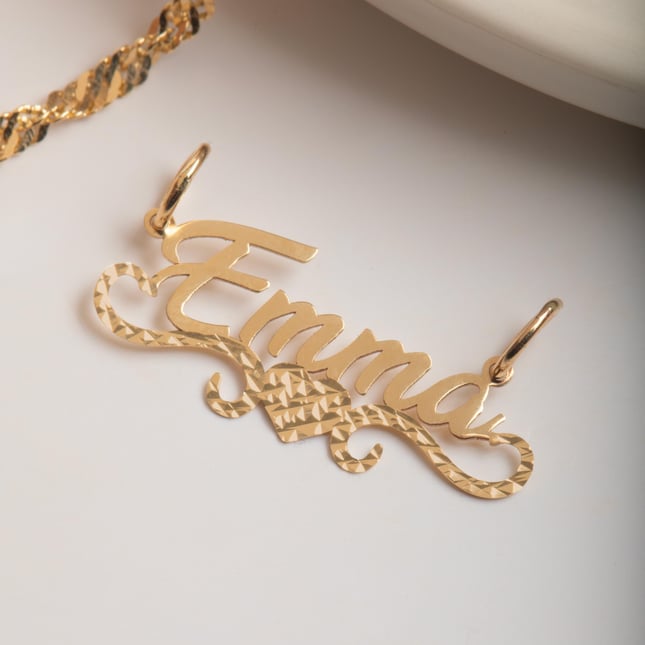 Personalized Diamond Cut Heart Nameplate Solid Gold Pendant
