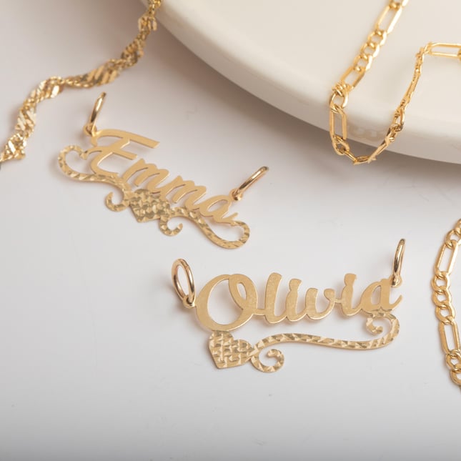 Personalized Diamond Cut Heart Nameplate Solid Gold Pendant