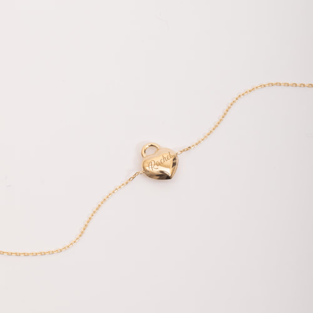 Heart Lock Star Engraved Solid Gold Bracelet