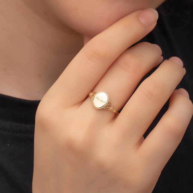 Custom Oval Engraved Name Pinky Band Solid Vintage Signet Gold Ring