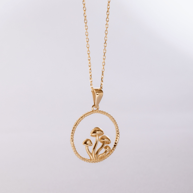 Enchanted Forest Mushroom Circle Medallion Solid Gold Necklace