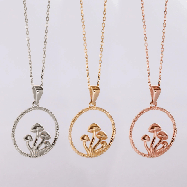 Enchanted Forest Mushroom Circle Medallion Solid Gold Necklace