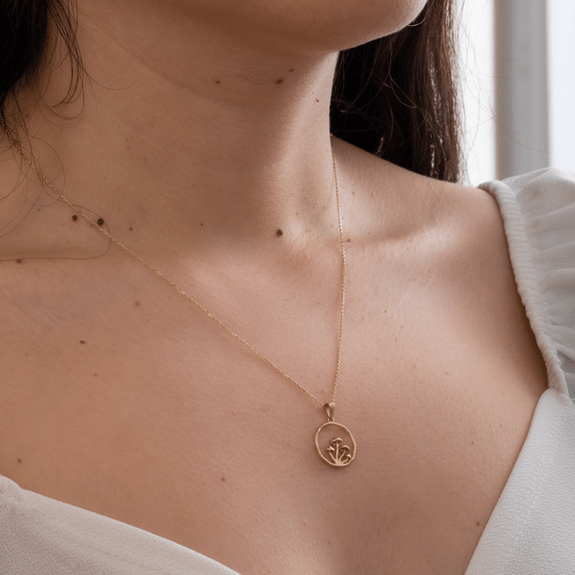 Enchanted Forest Mushroom Circle Medallion Solid Gold Necklace