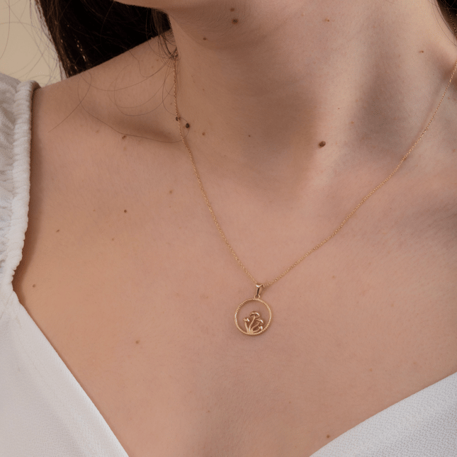 Enchanted Forest Mushroom Circle Medallion Solid Gold Necklace