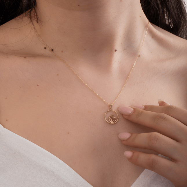 Enchanted Forest Mushroom Circle Medallion Solid Gold Necklace