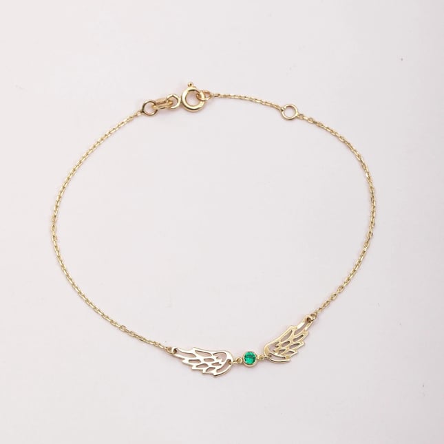 CZ Angel Wing Angel Engraved Solid Gold Bracelet