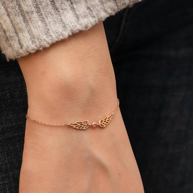 CZ Angel Wing Angel Engraved Solid Gold Bracelet