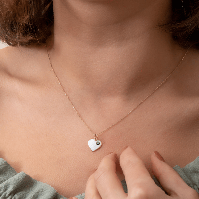 Evil Eye Heart Engraved Solid Gold Necklace