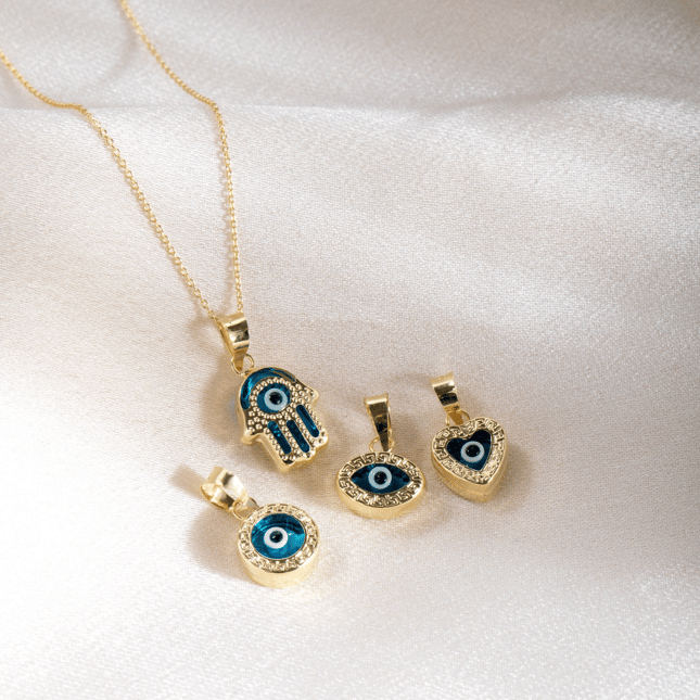 Evil Eye Hamsa Hand of Fatima Heart Key Solid Gold Necklace