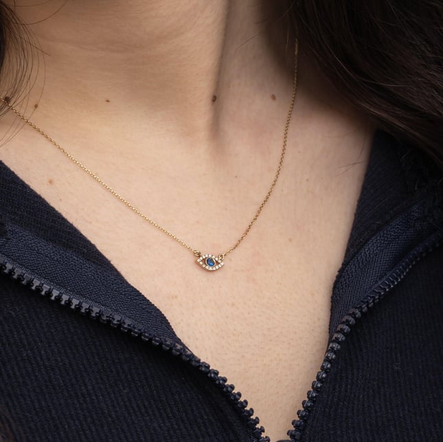 Pear Evil Eye Halo Solid Gold Necklace
