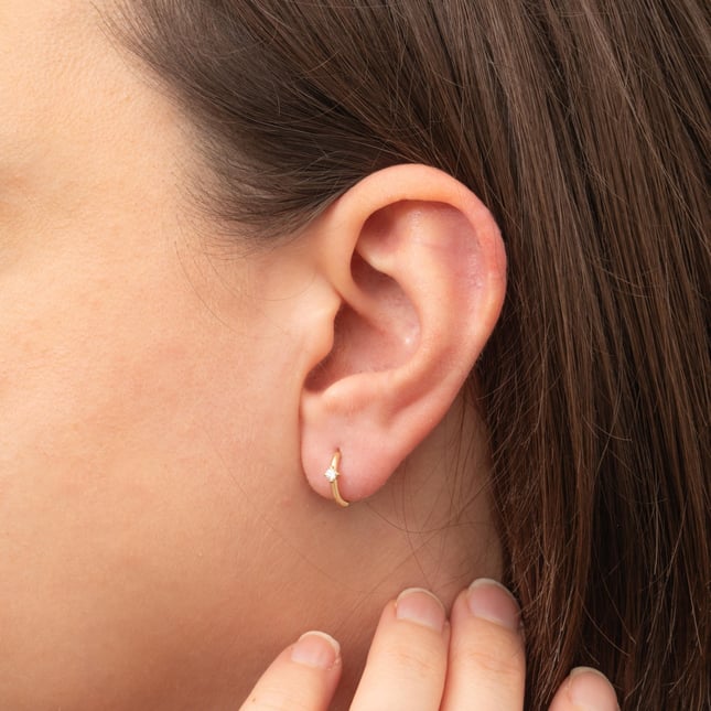 CZ Solitaire Hoop Huggie Solid Gold Earring