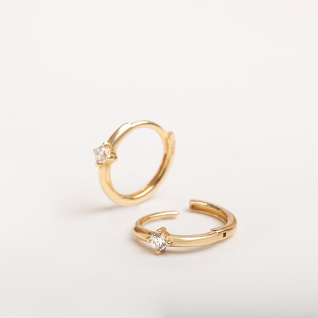 CZ Solitaire Hoop Huggie Solid Gold Earring