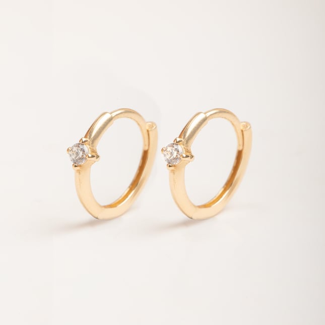 CZ Solitaire Hoop Huggie Solid Gold Earring
